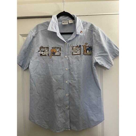 VTG Lets Quizz Again New York Womens Shirt L Short Sleeve Embroidered Animals - Picture 1 of 12